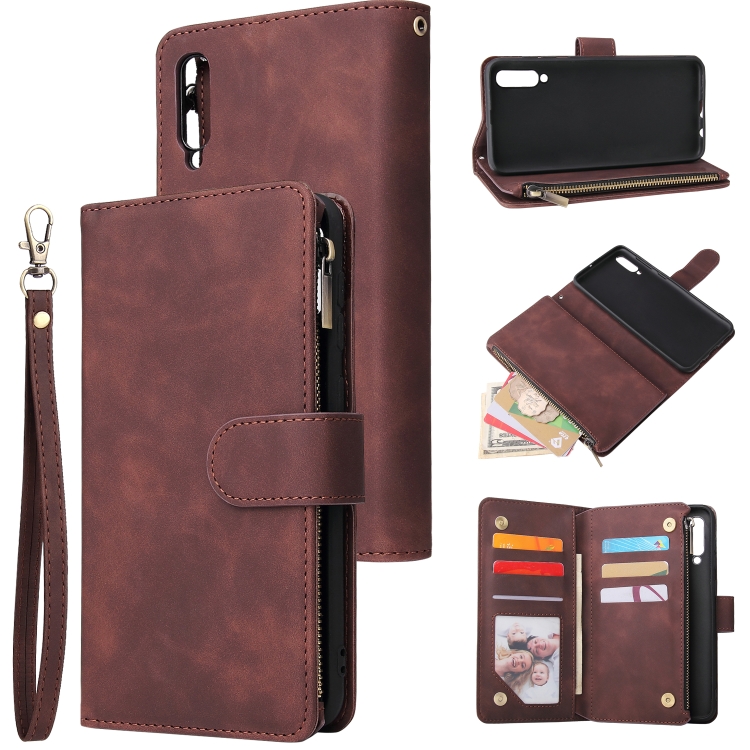 

For Galaxy A50 Multifunctional Retro Frosted Horizontal Flip Leather Case with Card Slot & Holder & Zipper Wallet & Photo Frame & Lanyard(Coffee)