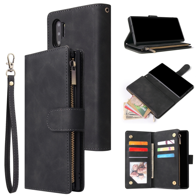 

For Galaxy Note 10+ Multifunctional Retro Frosted Horizontal Flip Leather Case with Card Slot & Holder & Zipper Wallet & Photo Frame & Lanyard(Black)