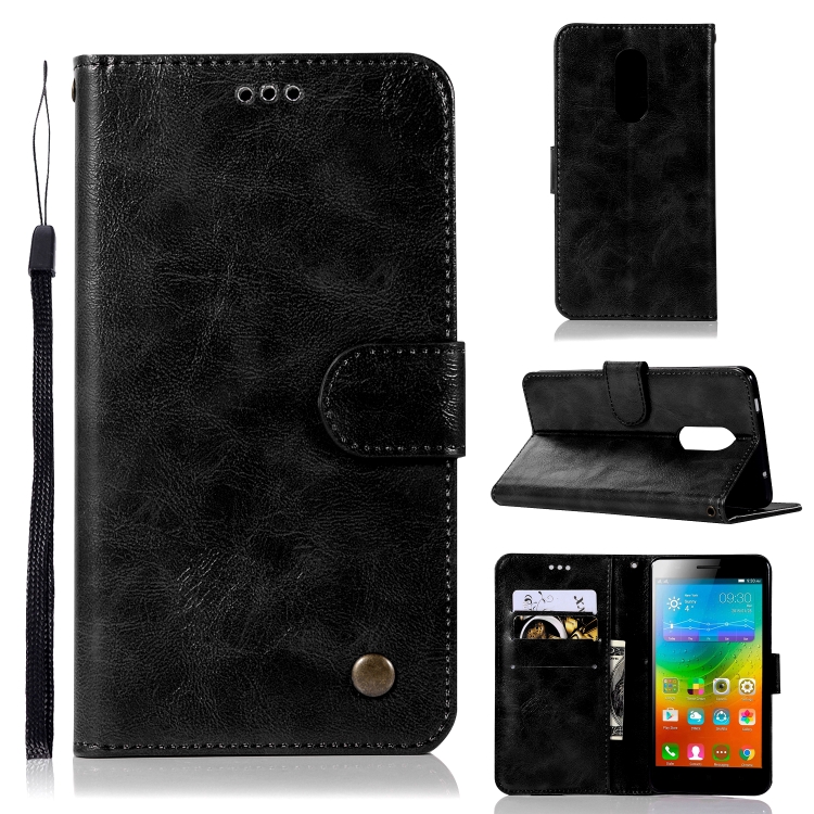 

For Lenovo K6 Note Retro Copper Button Crazy Horse Horizontal Flip PU Leather Case with Holder & Card Slots & Wallet & Lanyard(Black)