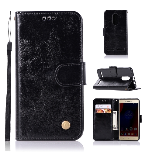 

For Lenovo K6 Retro Copper Button Crazy Horse Horizontal Flip PU Leather Case with Holder & Card Slots & Wallet & Lanyard(Black)