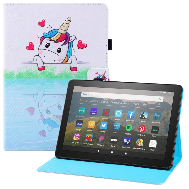 

For Amazon Kindle Fire HD8 Colored Drawing Horizontal Flip PU Leather Case with Holder & Card Slots & Wallet & Sleep / Wake-up Function(Loving Unicorn)