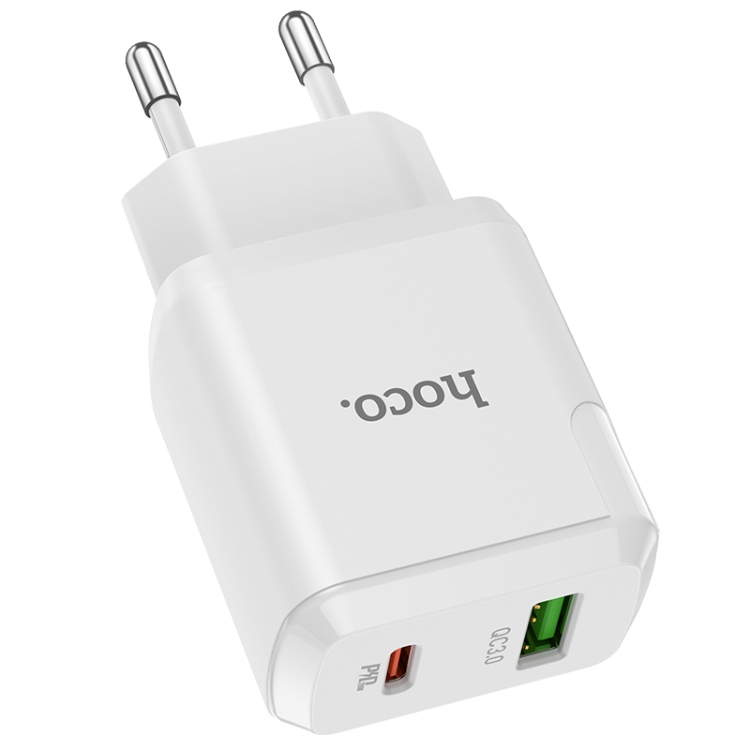 

hoco N5 Favor Dual Ports PD 20W USB-C / Type-C + QC 3.0 USB Travel Charger, EU Plug(White)