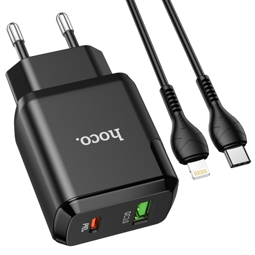 

hoco N5 Favor Dual Ports PD 20W USB-C / Type-C + QC 3.0 USB Travel Charger with USB-C / Type-C to 8 Pin Data Cable, EU Plug(Black)