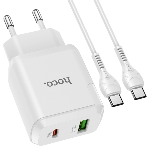 

hoco N5 Favor Dual Ports PD 20W USB-C / Type-C + QC 3.0 USB Travel Charger with USB-C / Type-C to USB-C / Type-C Data Cable, EU Plug(White)