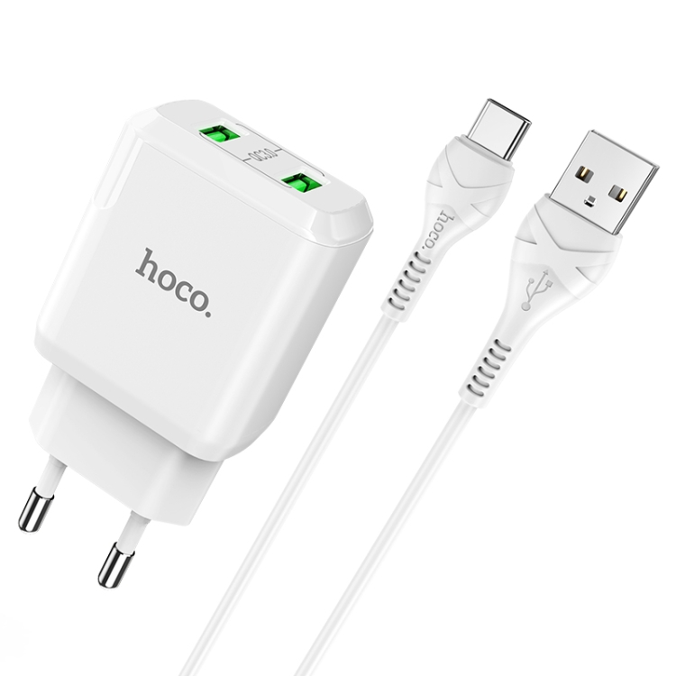 

hoco N6 Charmer Dual Ports QC 3.0 USB Fast Charging Charger with USB to USB-C / Type-C Data Cable, EU Plug(White)