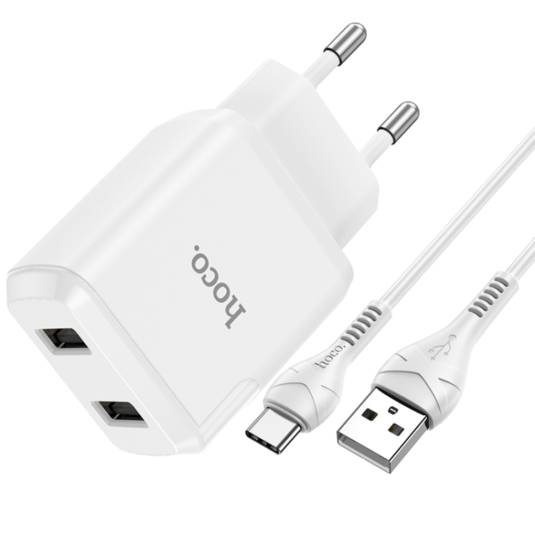 

hoco N7 Speedy Dual Ports USB Charger with USB to USB-C / Type-C Data Cable, EU Plug(White)