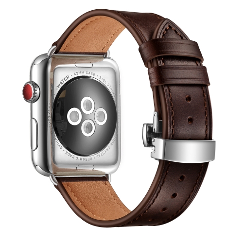 

Genuine Leather + Butterfly Silver Buckle Replacement Watchbands For Apple Watch Series 6 & SE & 5 & 4 40mm / 3 & 2 & 1 38mm(Dark Brown)