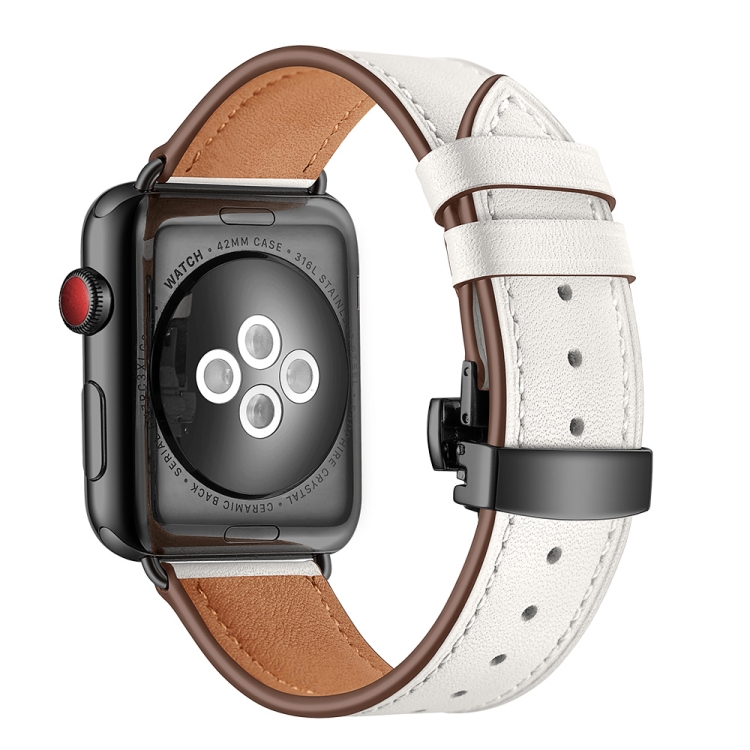

Genuine Leather + Butterfly Black Buckle Replacement Watchbands For Apple Watch Series 6 & SE & 5 & 4 44mm / 3 & 2 & 1 42mm(White)
