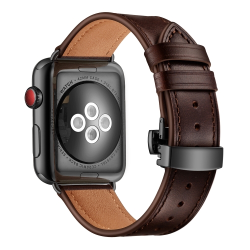 

Genuine Leather + Butterfly Black Buckle Replacement Watchbands For Apple Watch Series 7 45mm / 6 & SE & 5 & 4 44mm / 3 & 2 & 1 42mm(Dark Brown)