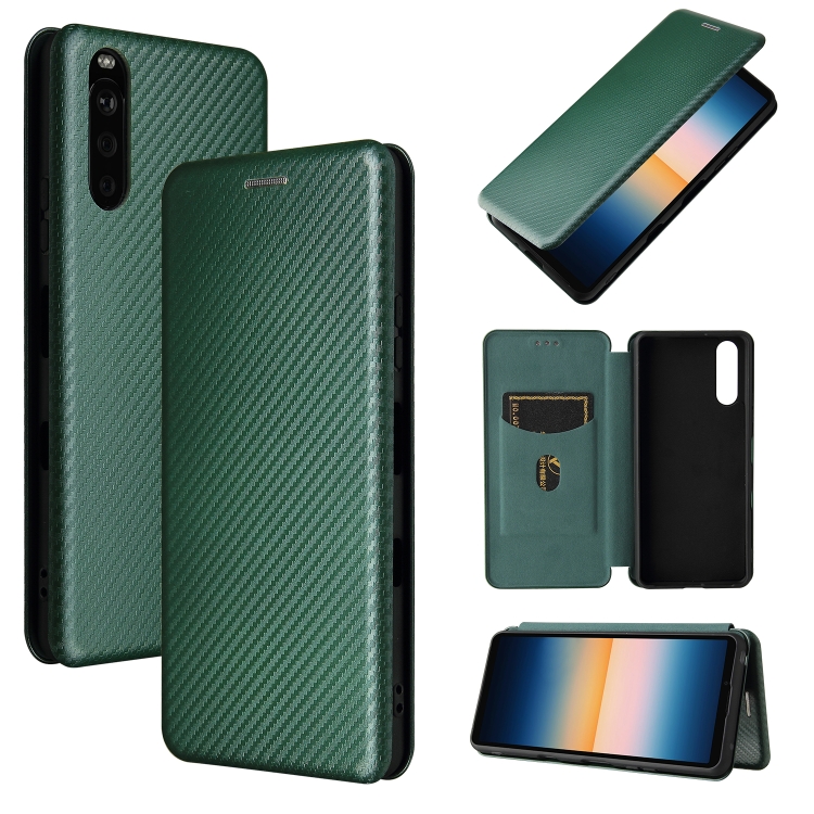 

For Sony Xperia 10 III Carbon Fiber Texture Magnetic Horizontal Flip TPU + PC + PU Leather Case with Card Slot(Green)
