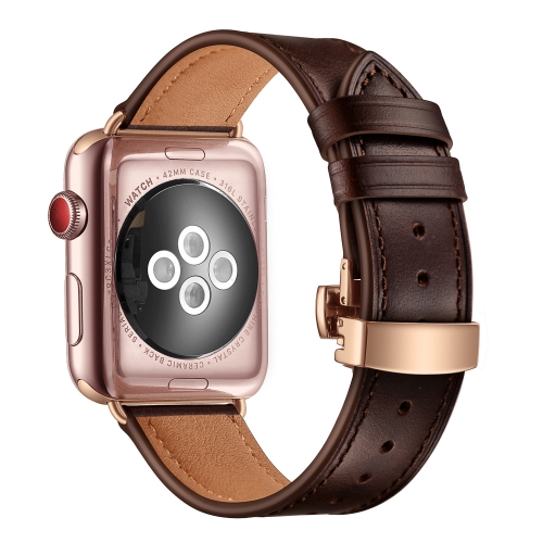 

Genuine Leather + Butterfly Rose Gold Buckle Replacement Watchbands For Apple Watch Series 7 45mm / 6 & SE & 5 & 4 44mm / 3 & 2 & 1 42mm(Dark Brown)