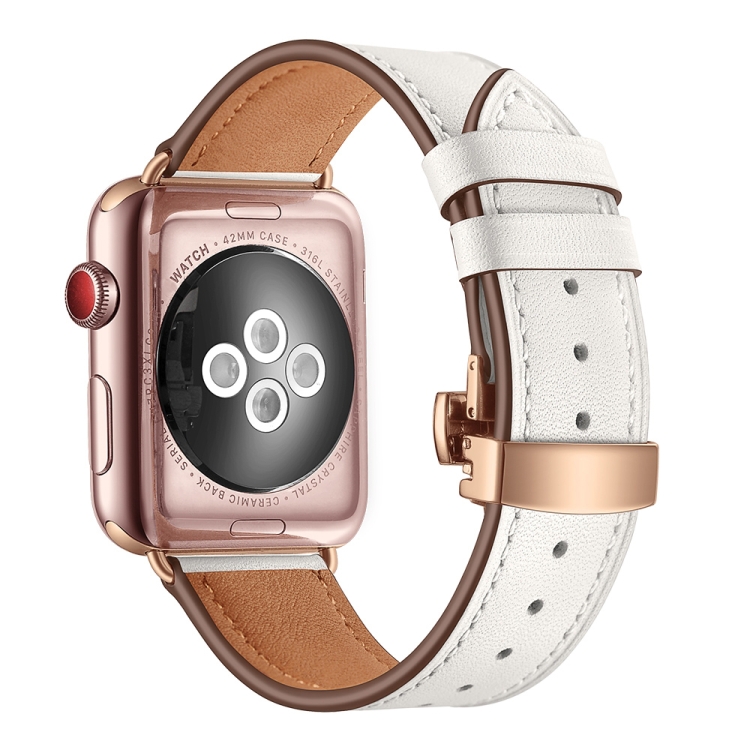 

Genuine Leather + Butterfly Rose Gold Buckle Replacement Watchbands For Apple Watch Series 6 & SE & 5 & 4 40mm / 3 & 2 & 1 38mm(White)