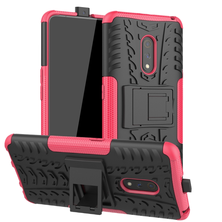 

For OPPO Realme X Tire Texture TPU + PC Shockproof Case with Holder(Pink)