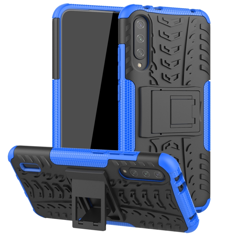 

For Xiaomi Mi CC9e Tire Texture TPU + PC Shockproof Case with Holder(Blue)