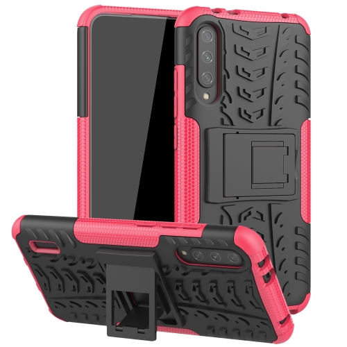 

For Xiaomi Mi CC9e Tire Texture TPU + PC Shockproof Case with Holder(Pink)