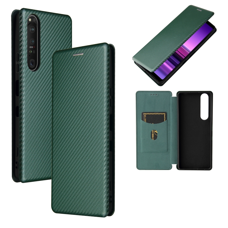 

For Sony Xperia 1 III Carbon Fiber Texture Magnetic Horizontal Flip TPU + PC + PU Leather Case with Card Slot(Green)