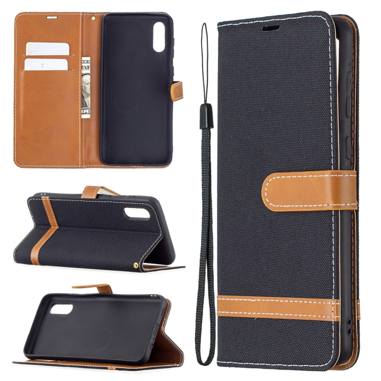 

For Samsung Galaxy A02 Color Matching Denim Texture Horizontal Flip Leather Case with Holder & Card Slots & Wallet & Lanyard(Black)