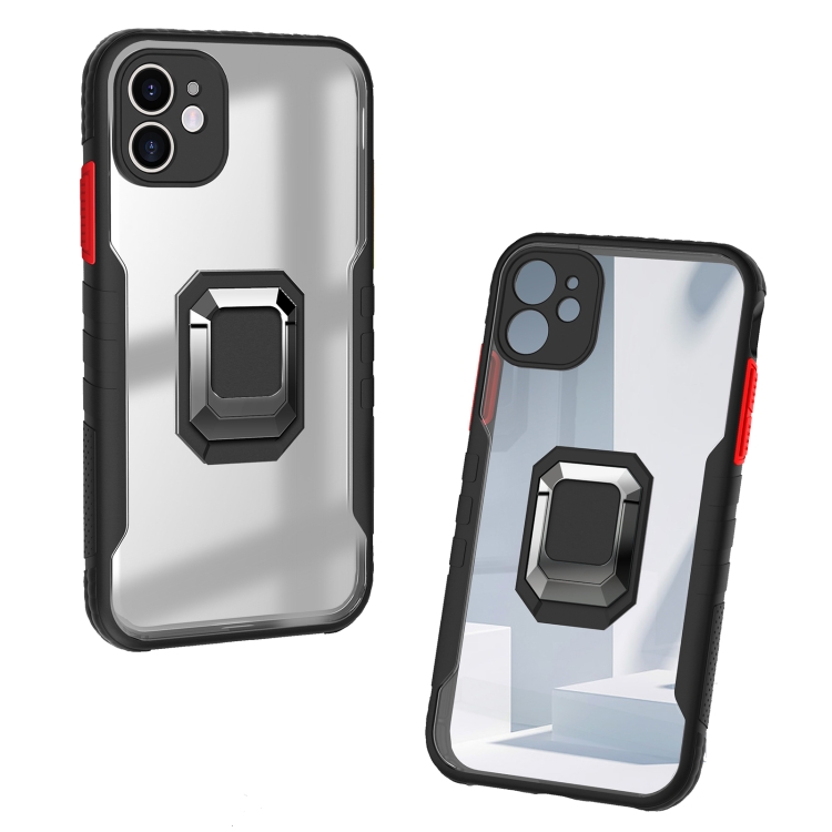 

For iPhone 11 Pro Max Clear TPE + PC + TPU Magnetic Shockproof Case with Ultra-thin Ring Holder(Black)
