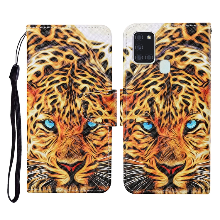 

For Samsung Galaxy A21s Colored Drawing Pattern Horizontal Flip Leather Case with Holder & Card Slots & Wallet & Lanyard(Yellow Leopard)