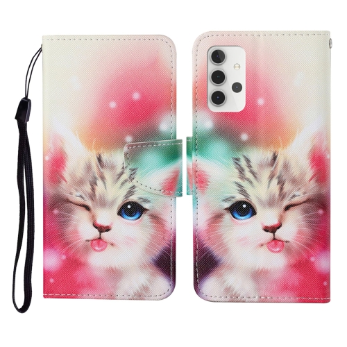 

For Samsung Galaxy A32 5G Colored Drawing Pattern Horizontal Flip Leather Case with Holder & Card Slots & Wallet & Lanyard(Squint Cat)