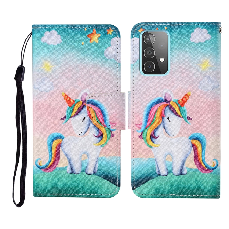 

For Samsung Galaxy A52 5G / 4G Colored Drawing Pattern Horizontal Flip Leather Case with Holder & Card Slots & Wallet & Lanyard(Rainbow Unicorn)