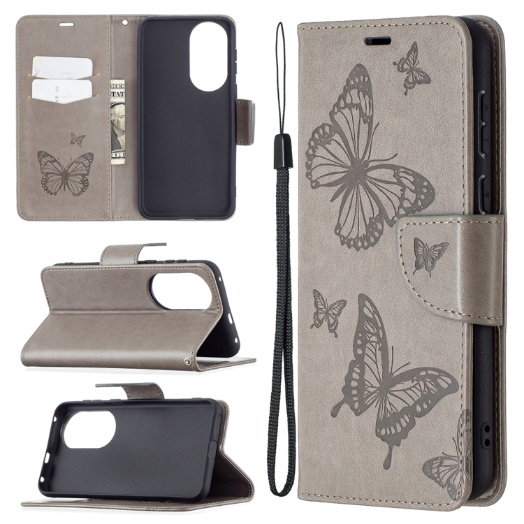 

For Huawei P50 Two Butterflies Embossing Pattern Horizontal Flip Leather Case with Holder & Card Slot & Wallet & Lanyard(Grey)