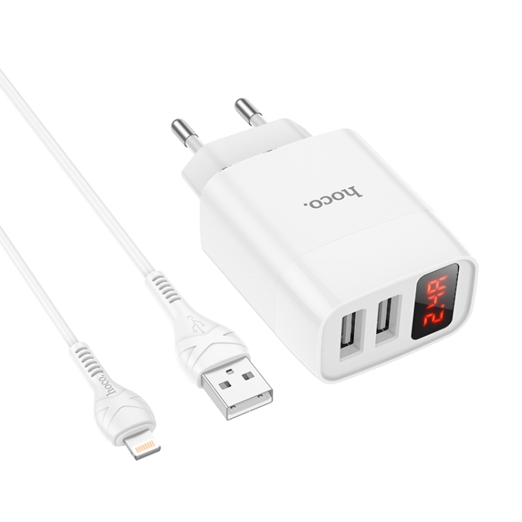 

hoco C86 Illustrious Dual Port Charger + USB to 8 Pin Data Cable with Digital Display, Plug Type: US Plug(White)