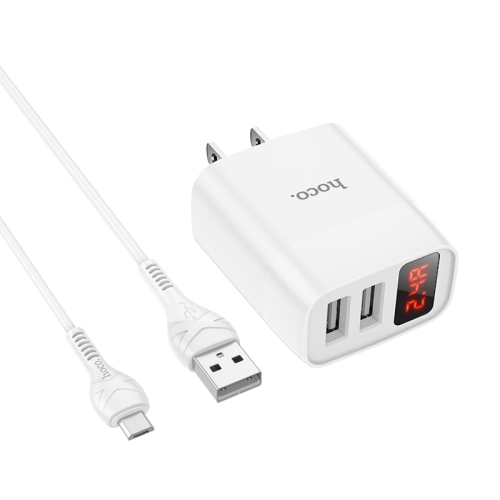 

hoco C86 Illustrious Dual Port Charger + USB to Micro USB Data Cable with Digital Display, Plug Type: US Plug(White)