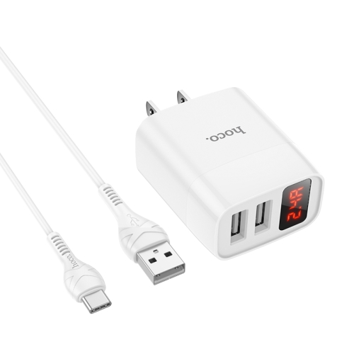 

hoco C86 Illustrious Dual Port Charger + USB to USB-C / Type-C Data Cable with Digital Display, Plug Type: US Plug(White)