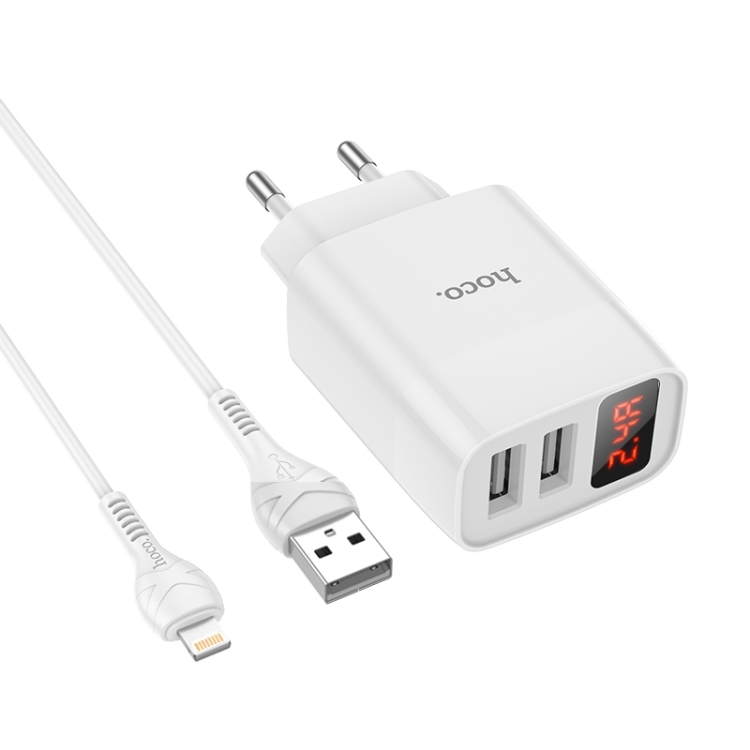 

hoco C86A Illustrious Dual Port Charger + USB to 8 Pin Data Cable with Digital Display, Plug Type: EU Plug(White)