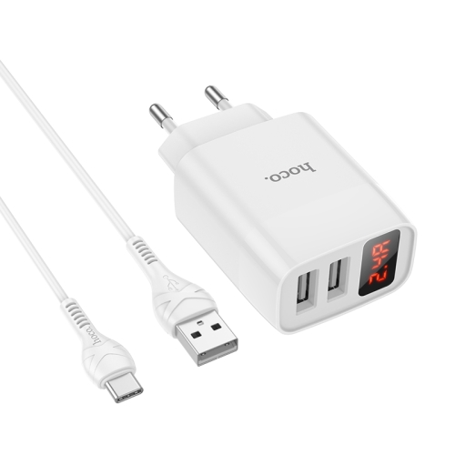 

hoco C86A Illustrious Dual Port Charger + USB to USB-C / Type-C Data Cable with Digital Display, Plug Type: EU Plug(White)