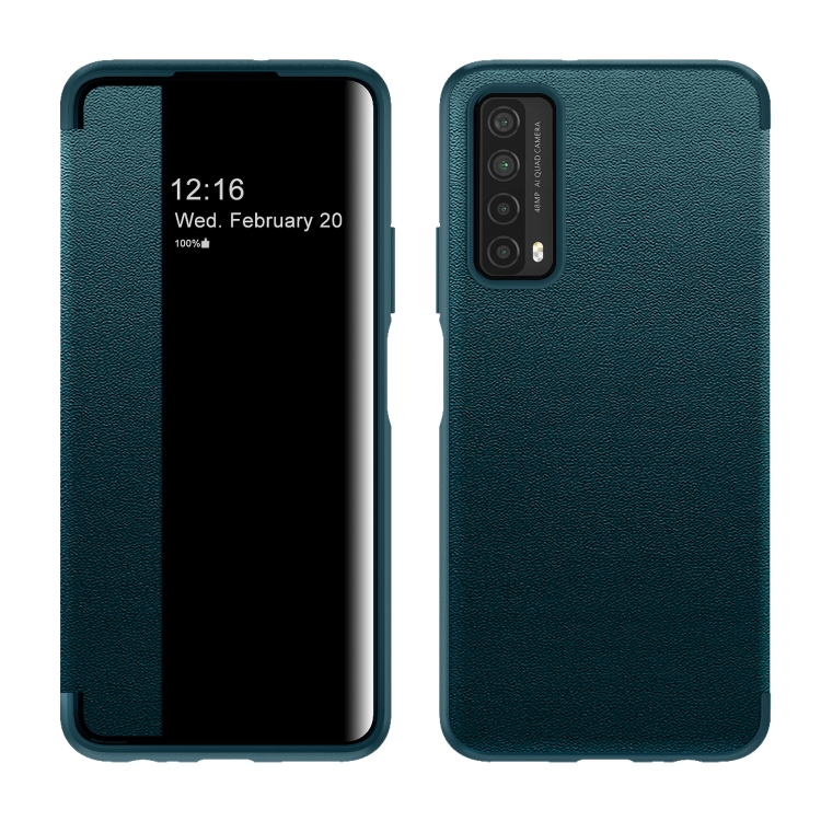 

For Huawei P Smart 2021 Magnetic Side Window View Shockproof Horizontal Flip Leather Smart Case(Cyan)