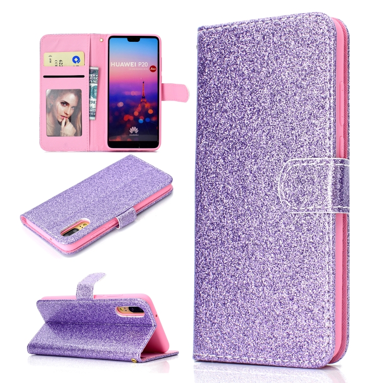 

For Samsung Galaxy A02 (EU Version) Glitter Powder Horizontal Flip Leather Case with Card Slots & Holder & Photo Frame & Wallet(Purple)