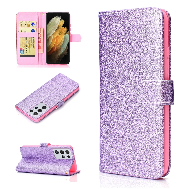 

For Samsung Galaxy S21 Ultra 5G Glitter Powder Horizontal Flip Leather Case with Card Slots & Holder & Photo Frame & Wallet(Purple)