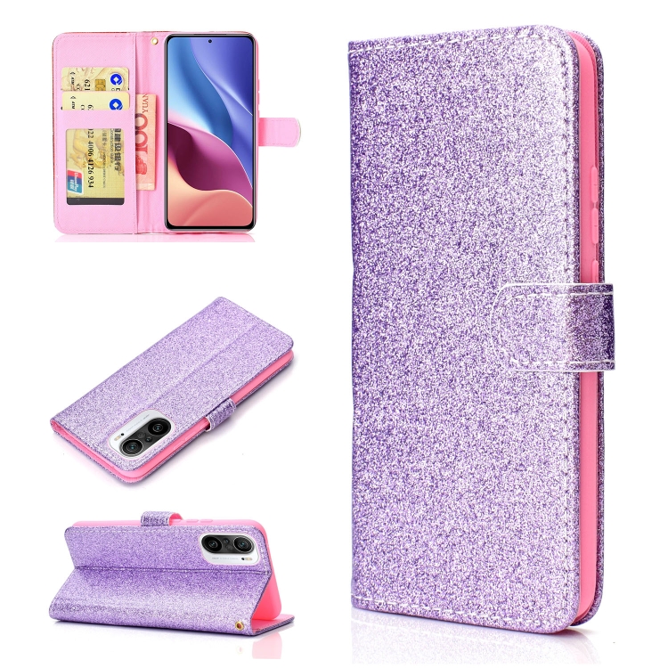 

For Xiaomi Redmi K40 Glitter Powder Horizontal Flip Leather Case with Card Slots & Holder & Photo Frame & Wallet(Purple)