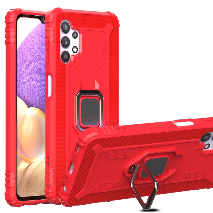 

For Samsung Galaxy A32 5G Carbon Fiber Protective Case with 360 Degree Rotating Ring Holder(Red)