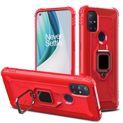 

For OnePlus Nord N10 5G Carbon Fiber Protective Case with 360 Degree Rotating Ring Holder(Red)