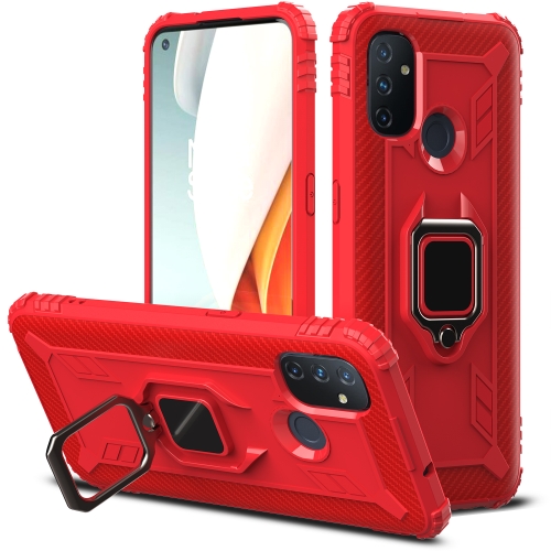 

For OnePlus Nord N100 Carbon Fiber Protective Case with 360 Degree Rotating Ring Holder(Red)