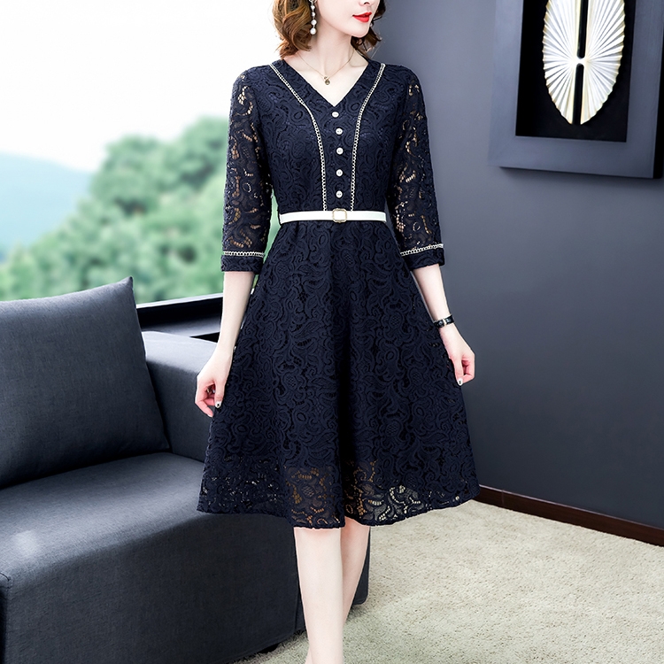 

V-neck Solid Color Waist Long Lace Dress, Size:S(Blue)
