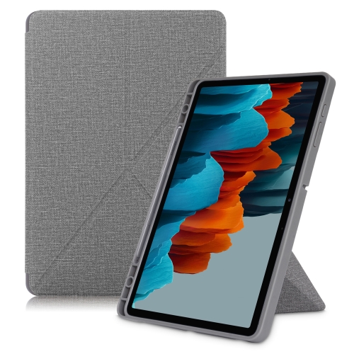 

For Samsung Galaxy Tab S7 Plus T970 / T975 Cloth Texture Multi-folding Horizontal Flip PU Leather Shockproof Case with Holder & Sleep / Wake-up Function(Grey)