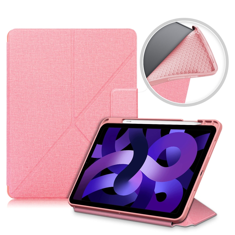 

For iPad Air 2020 10.9 / Pro 11 (2018) Cloth Texture Multi-folding Horizontal Flip PU Leather Shockproof Case with Holder & Sleep / Wake-up Function(Pink)