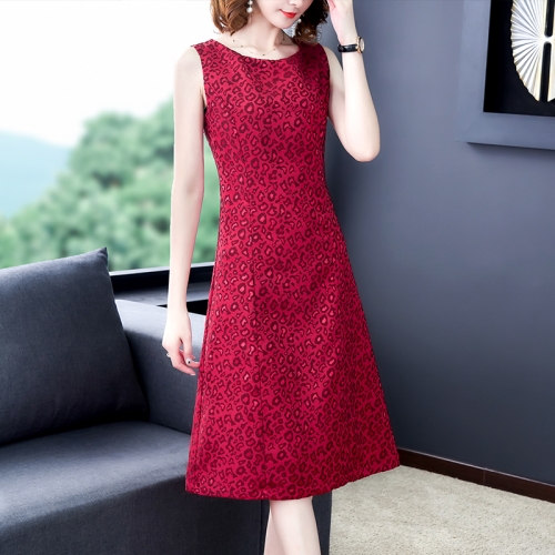 

Wild Sleeveless Slim Jacquard Dress, Size:XL(Wine Red)