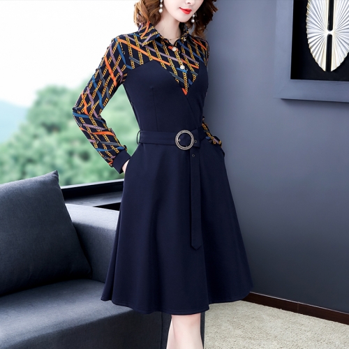 

Mid-length Long-sleeved Waist Slimming Temperament Dress, Size:XL(Dark Blue)