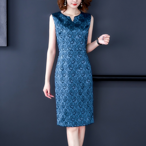 

Sleeveless Slim Bag Hip Simple Jacquard Dress, Size:XXXL(Blue)