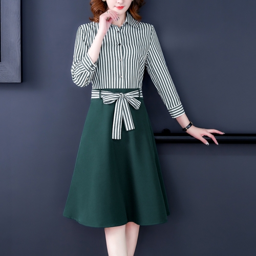 

Waist Stitching Striped Shirt Dress, Size:S(Dark Green)