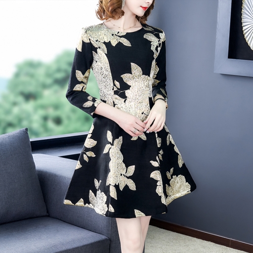 

Slim Long-sleeved Round Neck Fashion Jacquard Dress, Size:L(Black)