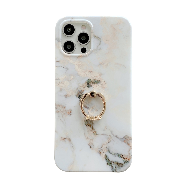 

White Gilding Marble Double-sided Coated Protective Case with Ring Buckle Holder For iPhone 11 Pro