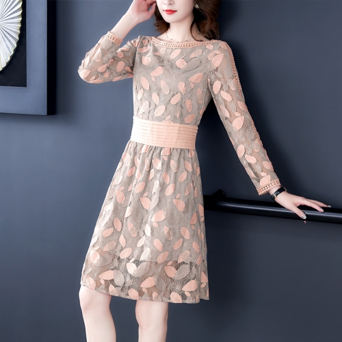 

Lace Waist Slimming Cropped Nine Points Sleeve Dress, Size:S(Pink)