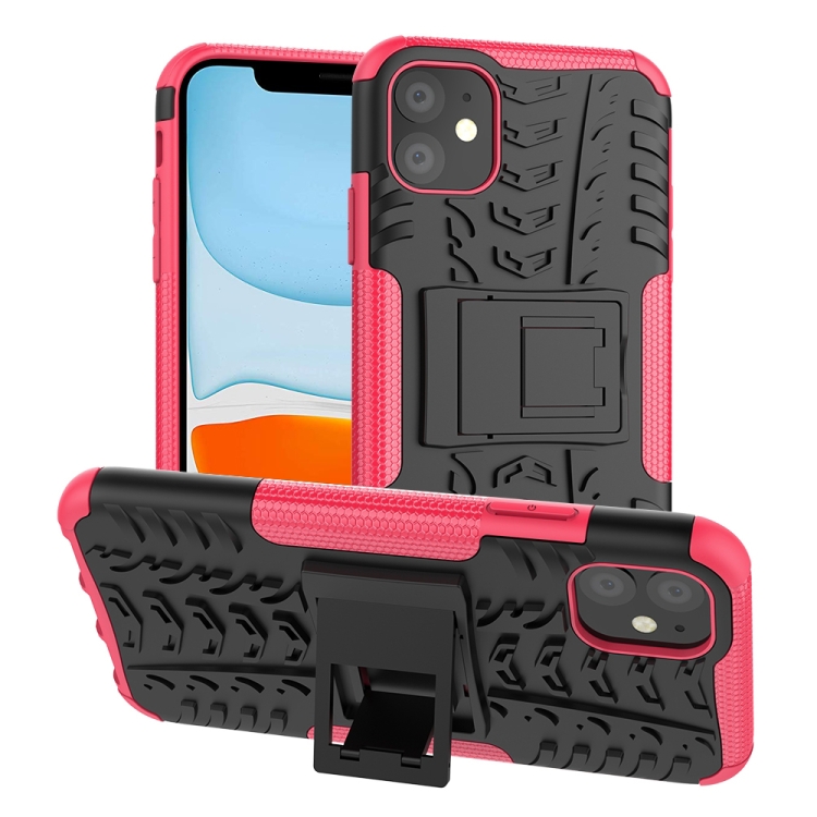 

For iPhone 11 Tire Texture TPU + PC Shockproof Case with Holder(Pink)