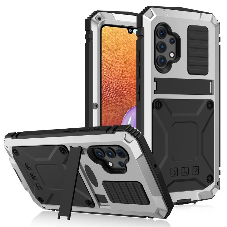 

For Samsung Galaxy A32 4G R-JUST Waterproof Shockproof Dustproof Metal + Silicone Protective Case with Holder(Silver)